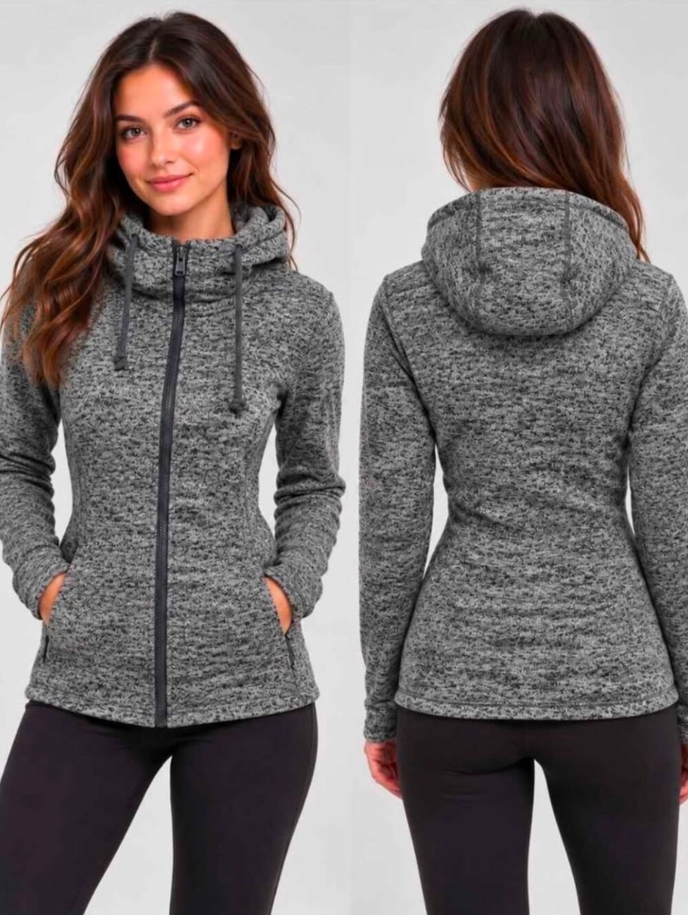 ROXY Black Charcoal Full-Zip Hooded Sweater • Women's Large • Cozy Fleece Hoodie